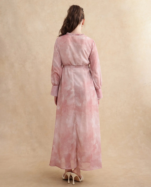 Rareism Women Likp Pink Bishop Sleeves Ruffled Neck Fit And Flare Midi Abstract Print Dress