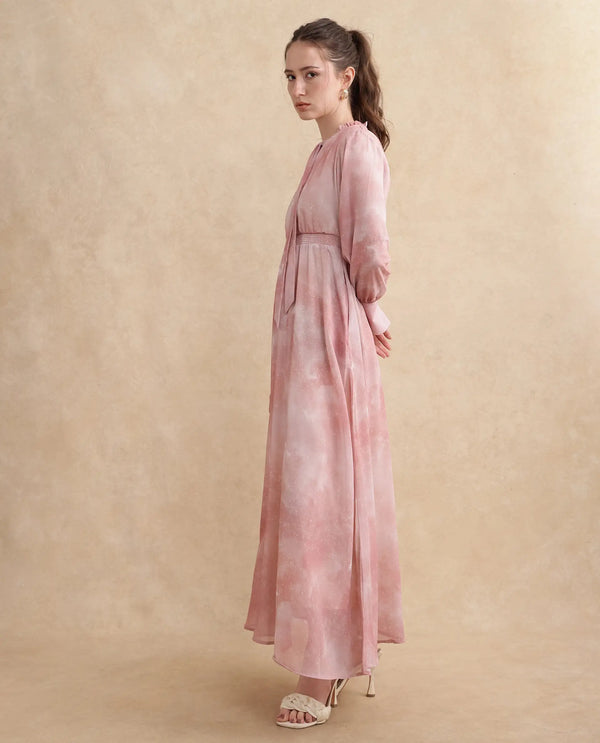 Rareism Women Likp Pink Bishop Sleeves Ruffled Neck Fit And Flare Midi Abstract Print Dress