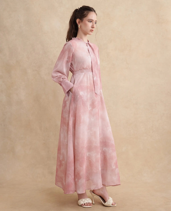 Rareism Women Likp Pink Bishop Sleeves Ruffled Neck Fit And Flare Midi Abstract Print Dress