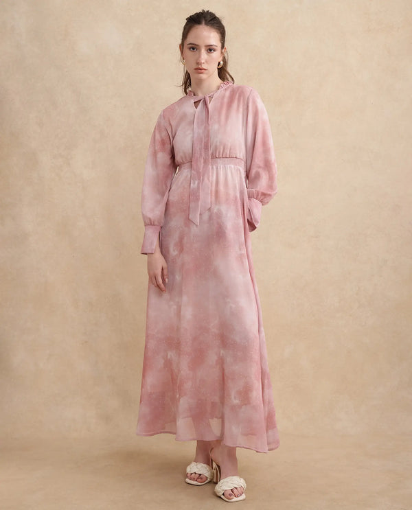 Rareism Women Likp Pink Bishop Sleeves Ruffled Neck Fit And Flare Midi Abstract Print Dress