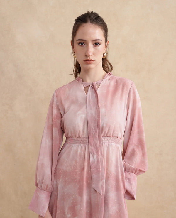 Rareism Women Likp Pink Bishop Sleeves Ruffled Neck Fit And Flare Midi Abstract Print Dress