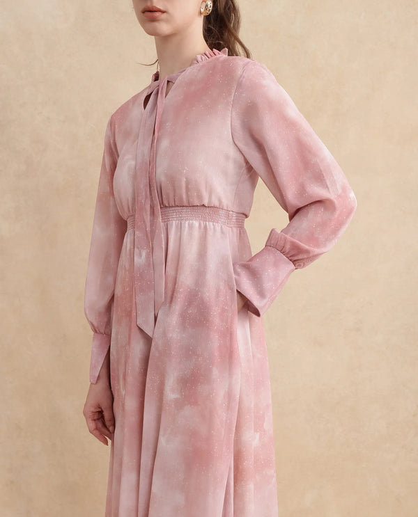 Rareism Women Likp Pink Bishop Sleeves Ruffled Neck Fit And Flare Midi Abstract Print Dress