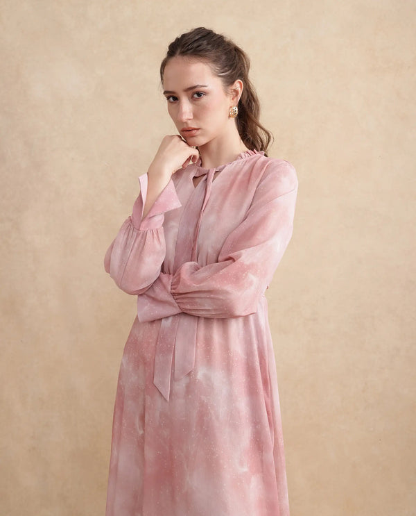 Rareism Women Likp Pink Bishop Sleeves Ruffled Neck Fit And Flare Midi Abstract Print Dress