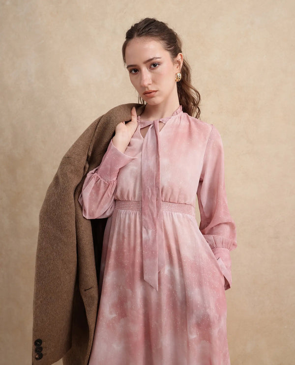 Rareism Women Likp Pink Bishop Sleeves Ruffled Neck Fit And Flare Midi Abstract Print Dress