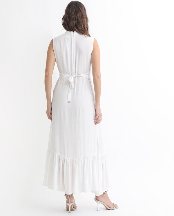 Rareism Women Lilies White Band Collar With Ruffles Sleeveless Fabric Waist Belt With Pockets Tiered Maxi Dress