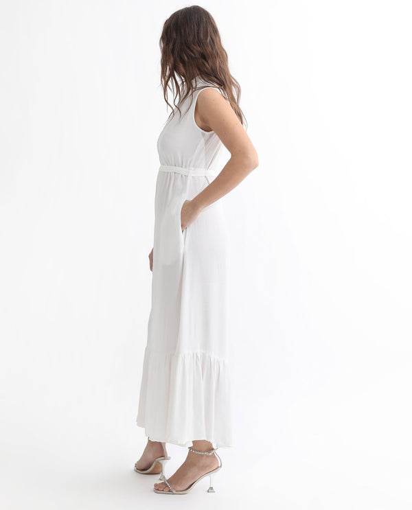 Rareism Women Lilies White Band Collar With Ruffles Sleeveless Fabric Waist Belt With Pockets Tiered Maxi Dress