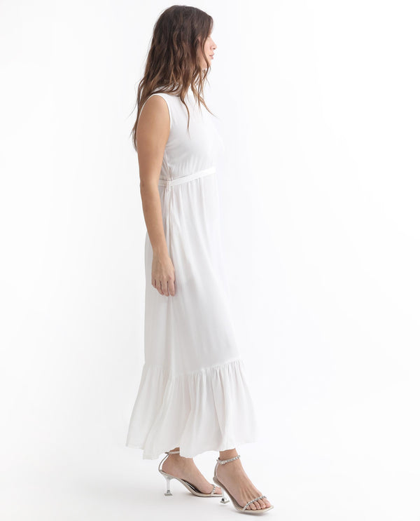 Rareism Women Lilies White Band Collar With Ruffles Sleeveless Fabric Waist Belt With Pockets Tiered Maxi Dress