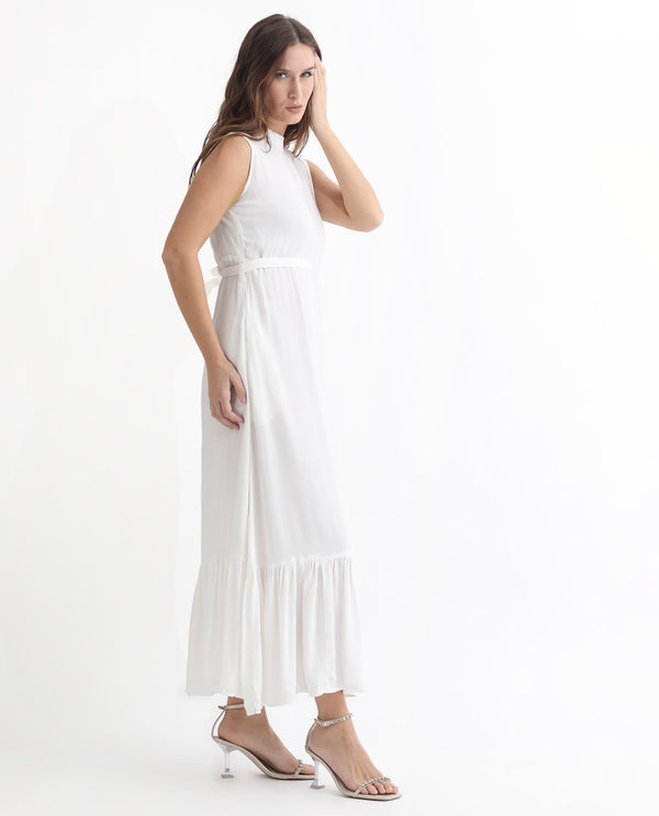 Rareism Women Lilies White Band Collar With Ruffles Sleeveless Fabric Waist Belt With Pockets Tiered Maxi Dress