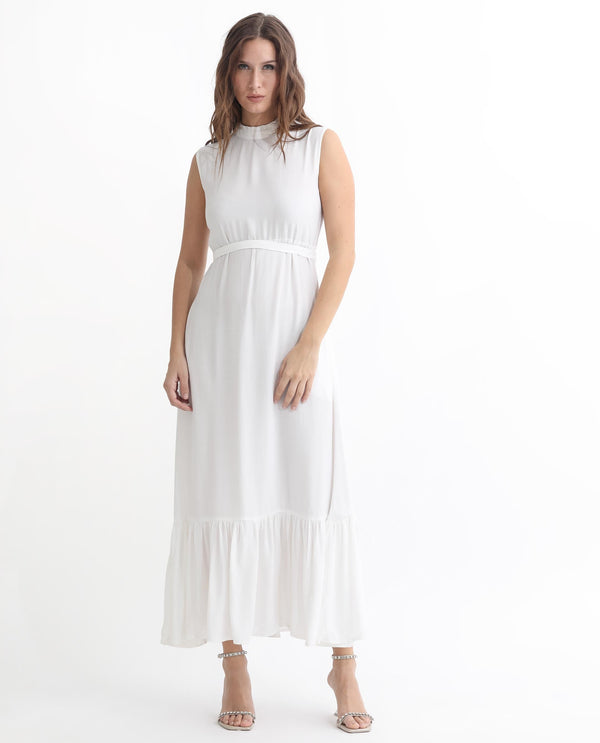 Rareism Women Lilies White Band Collar With Ruffles Sleeveless Fabric Waist Belt With Pockets Tiered Maxi Dress