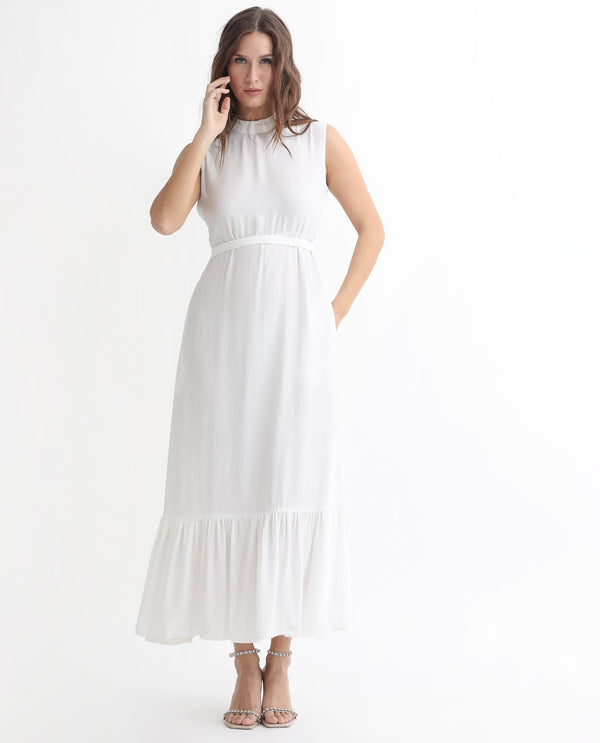 Rareism Women Lilies White Band Collar With Ruffles Sleeveless Fabric Waist Belt With Pockets Tiered Maxi Dress