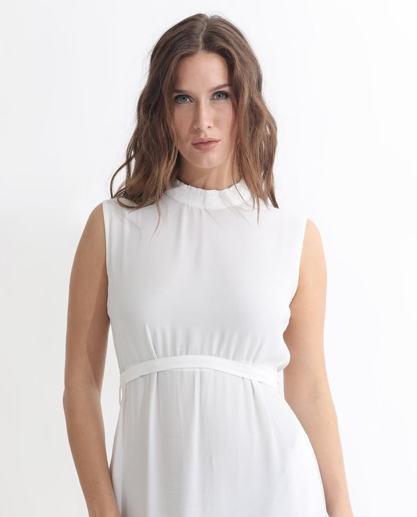 Rareism Women Lilies White Band Collar With Ruffles Sleeveless Fabric Waist Belt With Pockets Tiered Maxi Dress