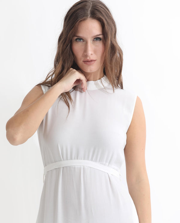 Rareism Women Lilies White Band Collar With Ruffles Sleeveless Fabric Waist Belt With Pockets Tiered Maxi Dress