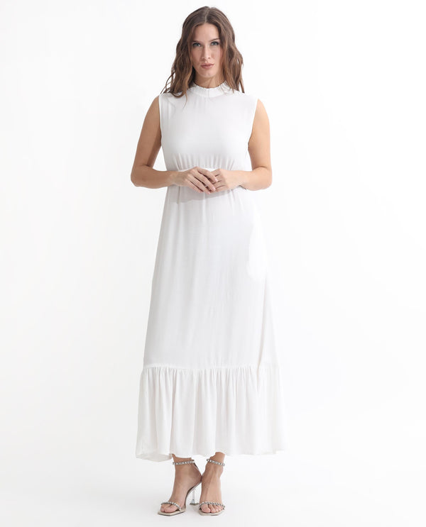 Rareism Women Lilies White Band Collar With Ruffles Sleeveless Fabric Waist Belt With Pockets Tiered Maxi Dress