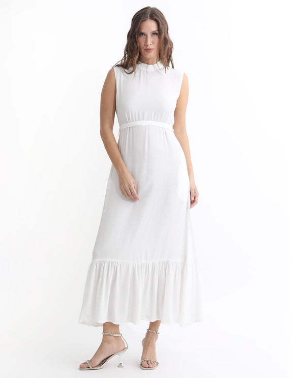 Rareism Women Lilies White Band Collar With Ruffles Sleeveless Fabric Waist Belt With Pockets Tiered Maxi Dress