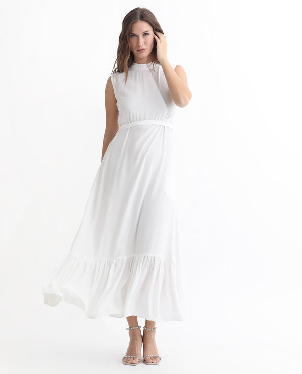 Rareism Women Lilies White Band Collar With Ruffles Sleeveless Fabric Waist Belt With Pockets Tiered Maxi Dress