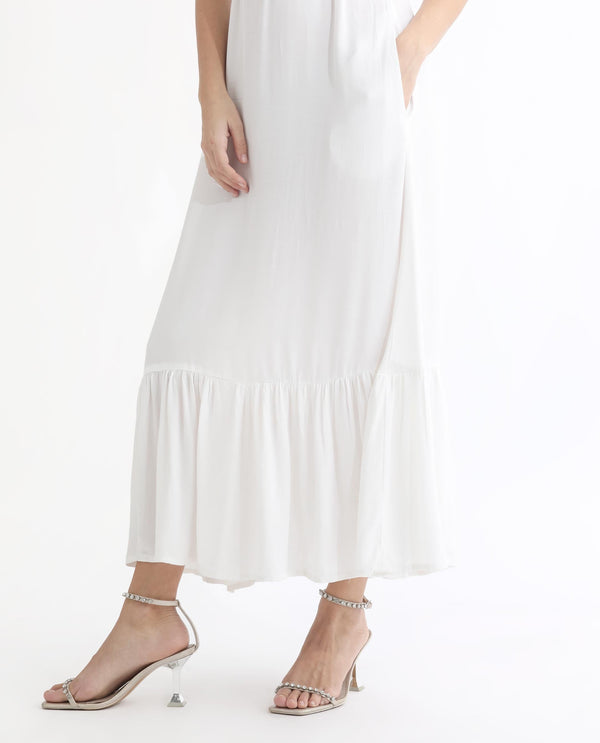 Rareism Women Lilies White Band Collar With Ruffles Sleeveless Fabric Waist Belt With Pockets Tiered Maxi Dress