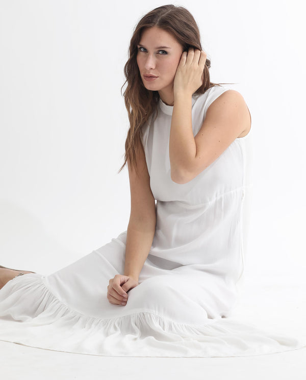 Rareism Women Lilies White Band Collar With Ruffles Sleeveless Fabric Waist Belt With Pockets Tiered Maxi Dress