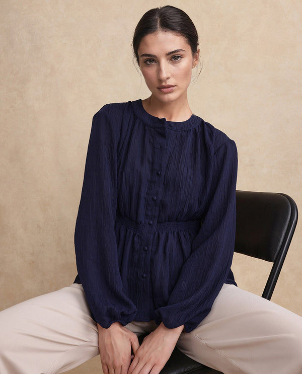 Rareism Women Lille Navy Bishop Sleeves Round Neck Boxy Fit Plain Top