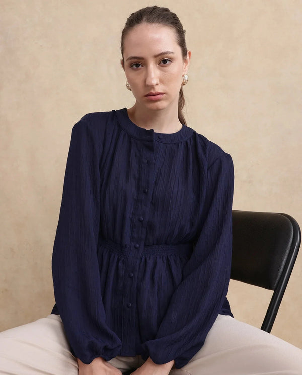 Rareism Women Lille Navy Bishop Sleeves Round Neck Boxy Fit Plain Top