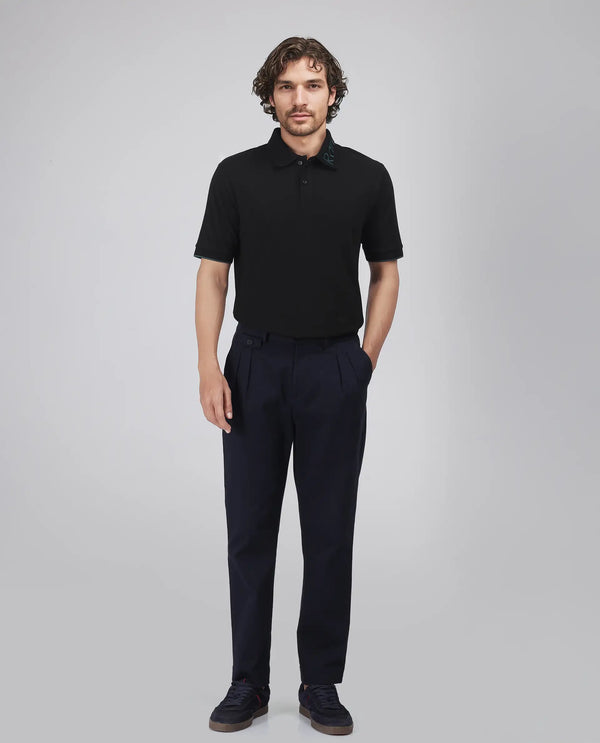 Rare Rabbit Men's Limo Black Cotton Blend Fabric Short Sleeve Collared Neck Button Closure Plain Polo