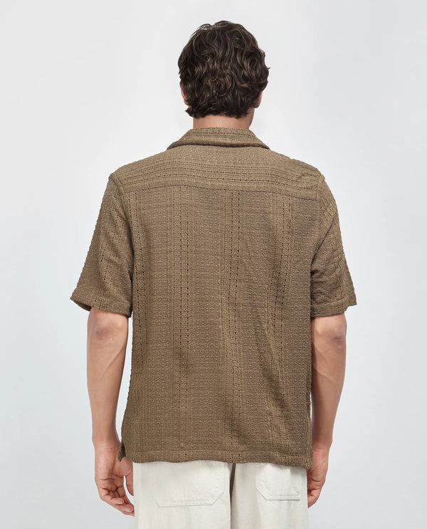 Rare Rabbit Men's Limo Brown Cotton Fabric Full Sleeve Cuban Collar Embroidered Shirt