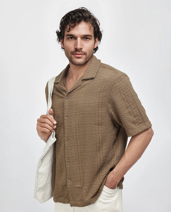 Rare Rabbit Men's Limo Brown Cotton Fabric Full Sleeve Cuban Collar Embroidered Shirt