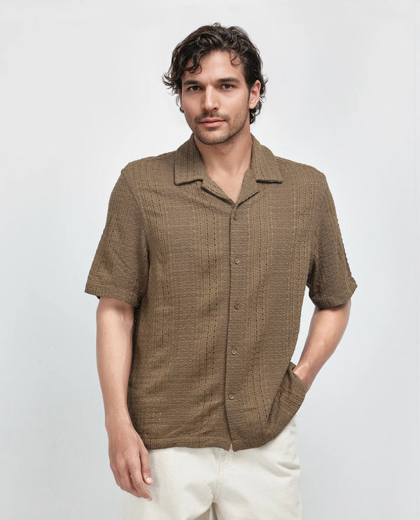 Rare Rabbit Men's Limo Brown Cotton Fabric Full Sleeve Cuban Collar Embroidered Shirt