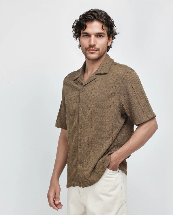 Rare Rabbit Men's Limo Brown Cotton Fabric Full Sleeve Cuban Collar Embroidered Shirt