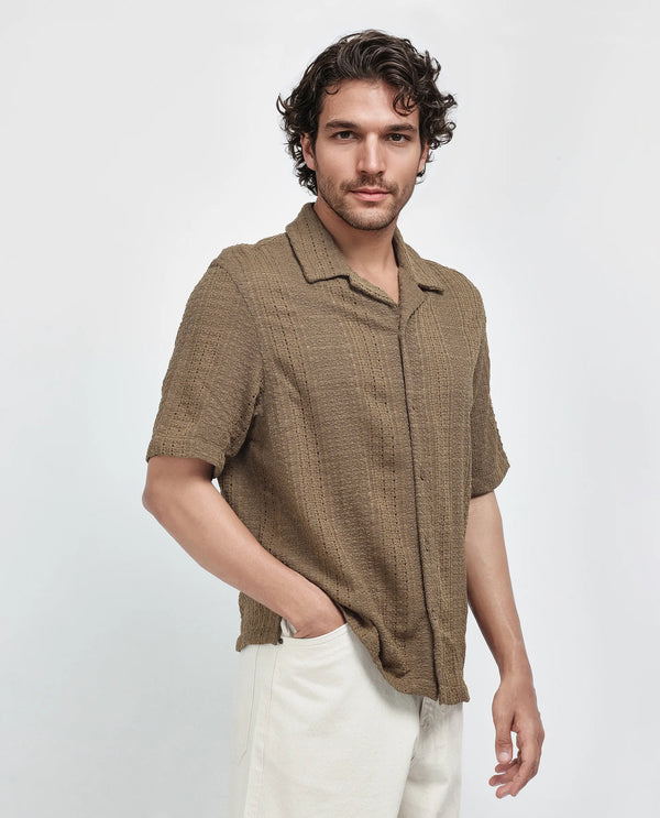 Rare Rabbit Men's Limo Brown Cotton Fabric Full Sleeve Cuban Collar Embroidered Shirt