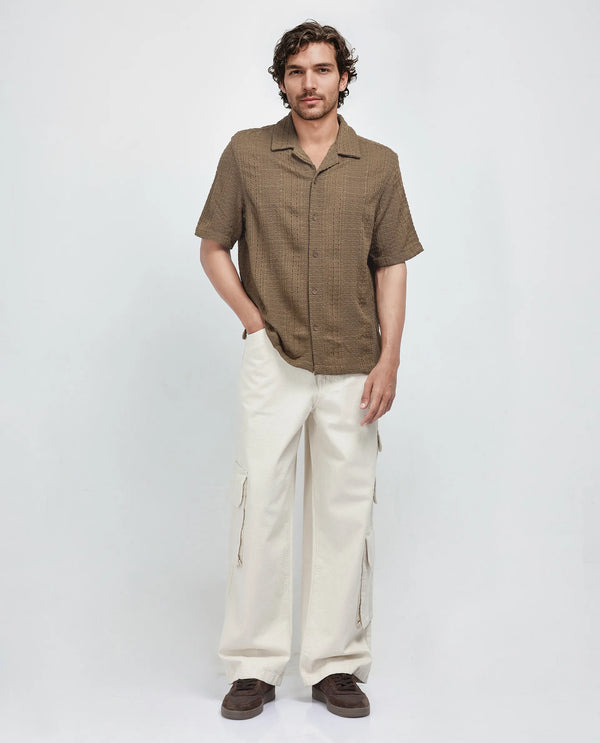 Rare Rabbit Men's Limo Brown Cotton Fabric Full Sleeve Cuban Collar Embroidered Shirt