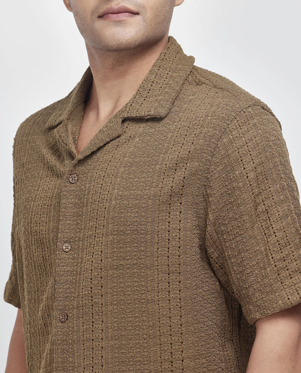 Rare Rabbit Men's Limo Brown Cotton Fabric Full Sleeve Cuban Collar Embroidered Shirt