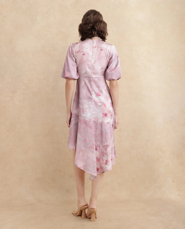 Rareism Women's Limoges Dusky Pink Satin Fabric Round Neck Zipper Closure Balloon Sleeve Floral Print Fit And Flare Midi Dress
