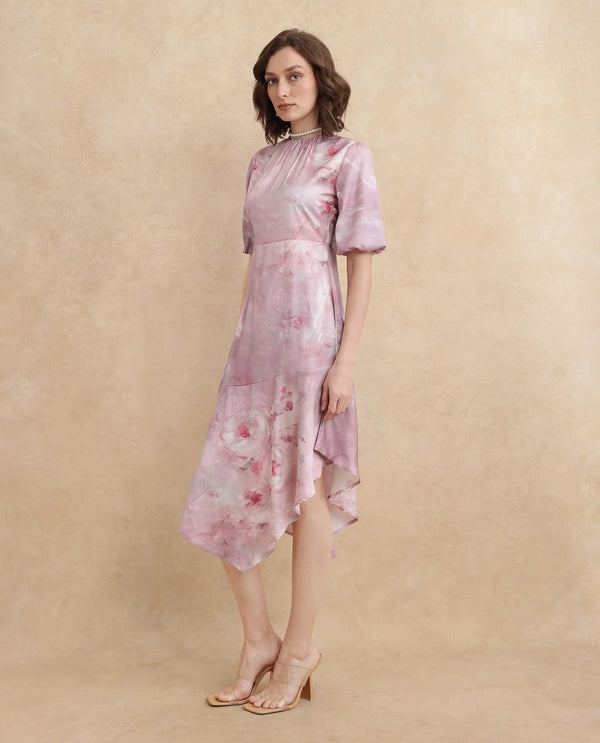 Rareism Women's Limoges Dusky Pink Satin Fabric Round Neck Zipper Closure Balloon Sleeve Floral Print Fit And Flare Midi Dress