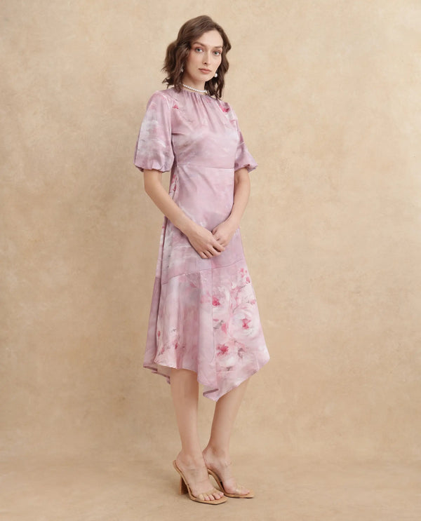 Rareism Women's Limoges Dusky Pink Satin Fabric Round Neck Zipper Closure Balloon Sleeve Floral Print Fit And Flare Midi Dress
