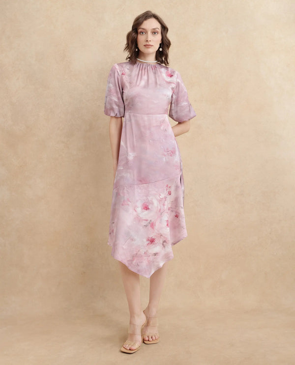 Rareism Women's Limoges Dusky Pink Satin Fabric Round Neck Zipper Closure Balloon Sleeve Floral Print Fit And Flare Midi Dress