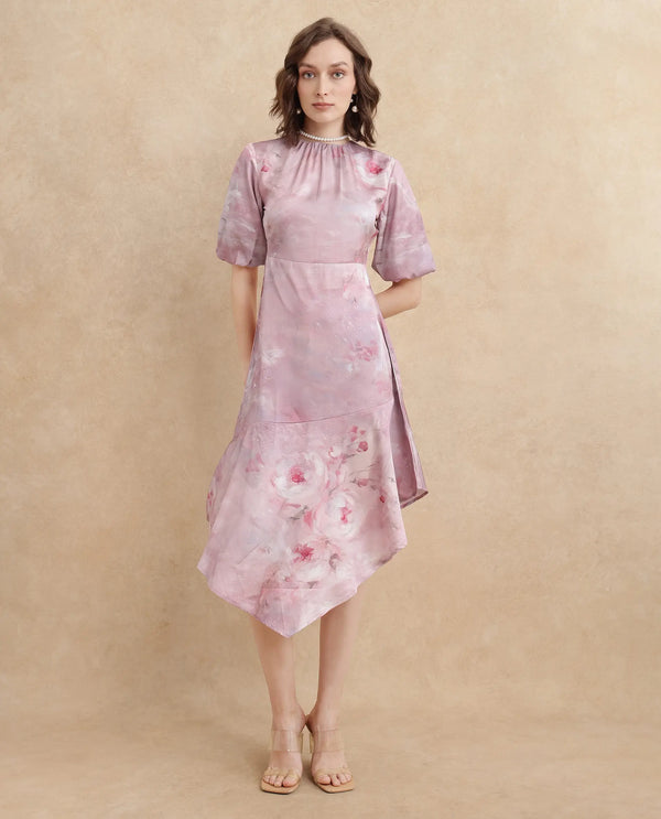 Rareism Women's Limoges Dusky Pink Satin Fabric Round Neck Zipper Closure Balloon Sleeve Floral Print Fit And Flare Midi Dress