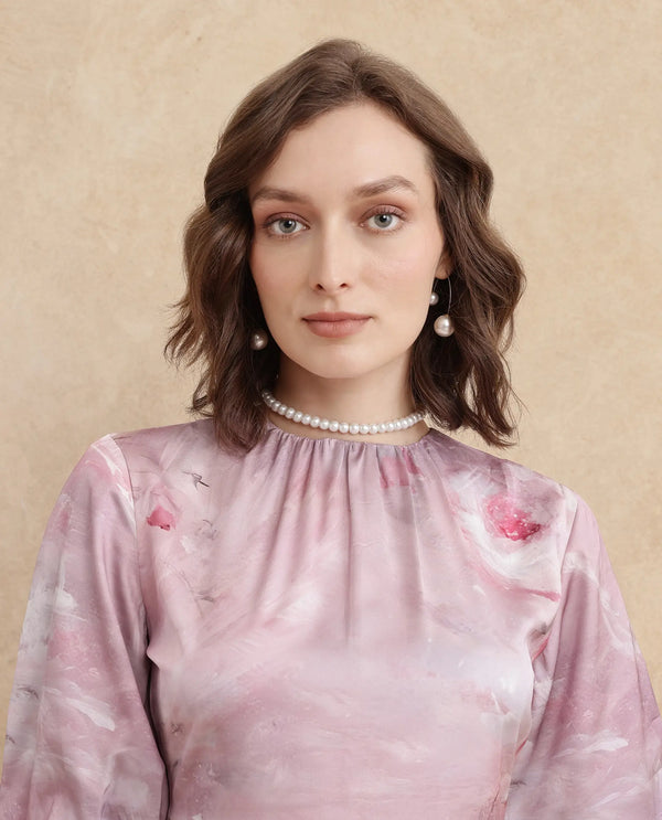 Rareism Women's Limoges Dusky Pink Satin Fabric Round Neck Zipper Closure Balloon Sleeve Floral Print Fit And Flare Midi Dress