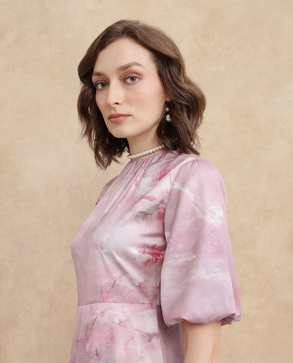Rareism Women's Limoges Dusky Pink Satin Fabric Round Neck Zipper Closure Balloon Sleeve Floral Print Fit And Flare Midi Dress