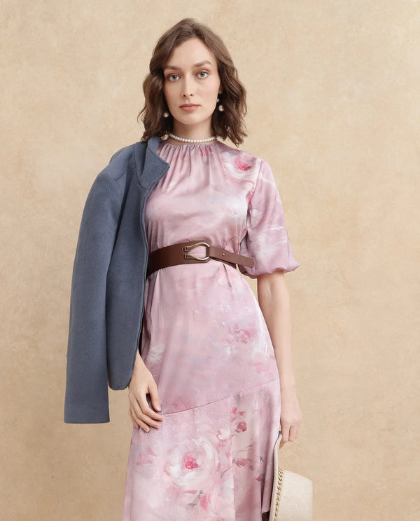 Rareism Women's Limoges Dusky Pink Satin Fabric Round Neck Zipper Closure Balloon Sleeve Floral Print Fit And Flare Midi Dress