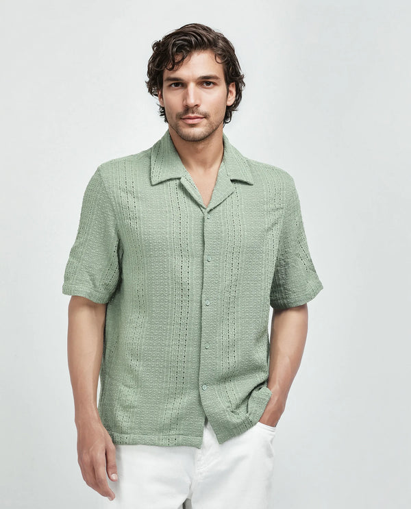 Rare Rabbit Men's Limo Pastel Green Cotton Fabric Short Sleeve Cuban Collar Button Closure Embroidered Shirt