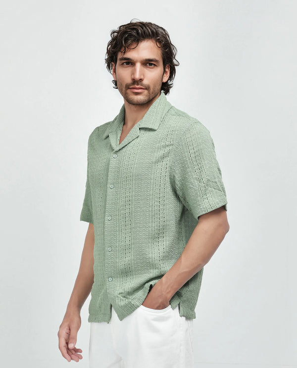 Rare Rabbit Men's Limo Pastel Green Cotton Fabric Short Sleeve Cuban Collar Button Closure Embroidered Shirt