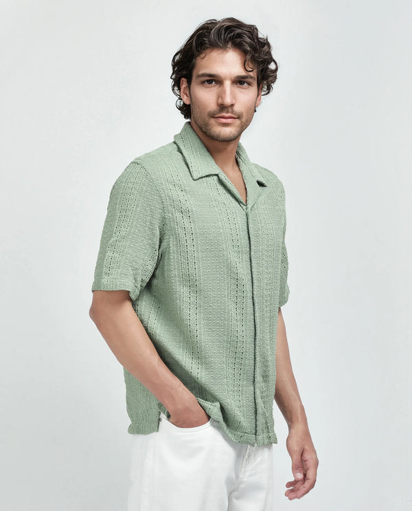 Rare Rabbit Men's Limo Pastel Green Cotton Fabric Short Sleeve Cuban Collar Button Closure Embroidered Shirt