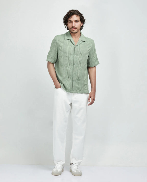 Rare Rabbit Men's Limo Pastel Green Cotton Fabric Short Sleeve Cuban Collar Button Closure Embroidered Shirt