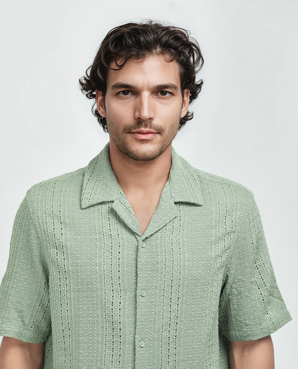 Rare Rabbit Men's Limo Pastel Green Cotton Fabric Short Sleeve Cuban Collar Button Closure Embroidered Shirt