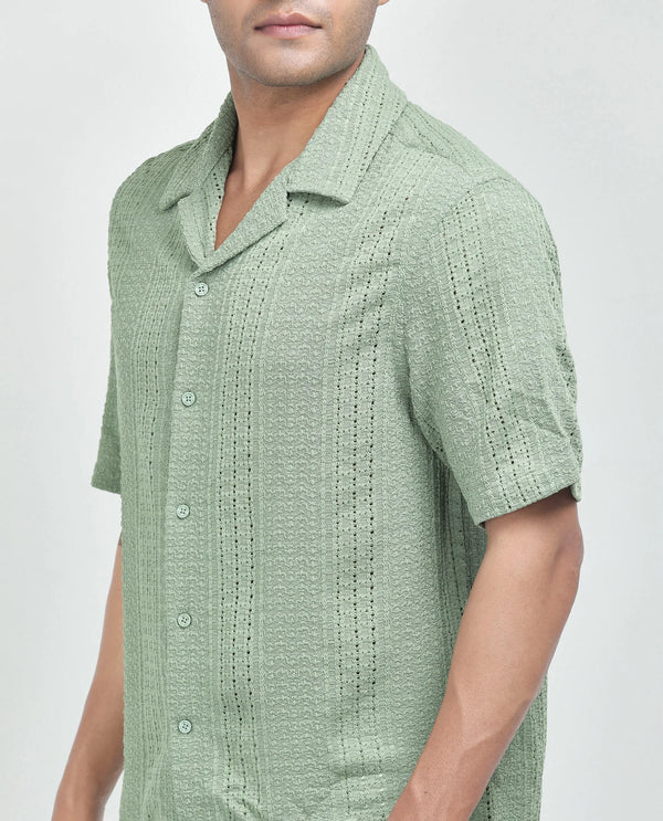 Rare Rabbit Men's Limo Pastel Green Cotton Fabric Short Sleeve Cuban Collar Button Closure Embroidered Shirt