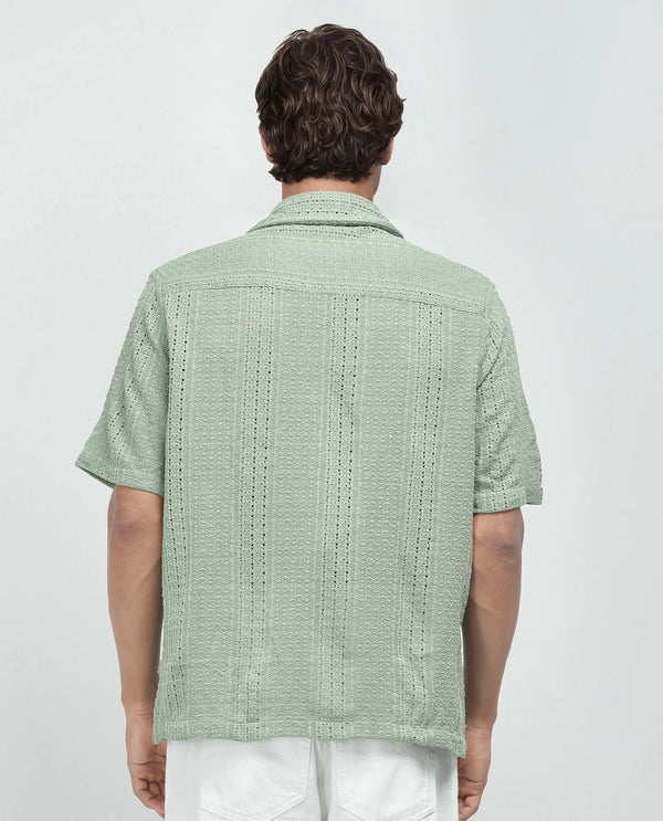 Rare Rabbit Men's Limo Pastel Green Cotton Fabric Short Sleeve Cuban Collar Button Closure Embroidered Shirt