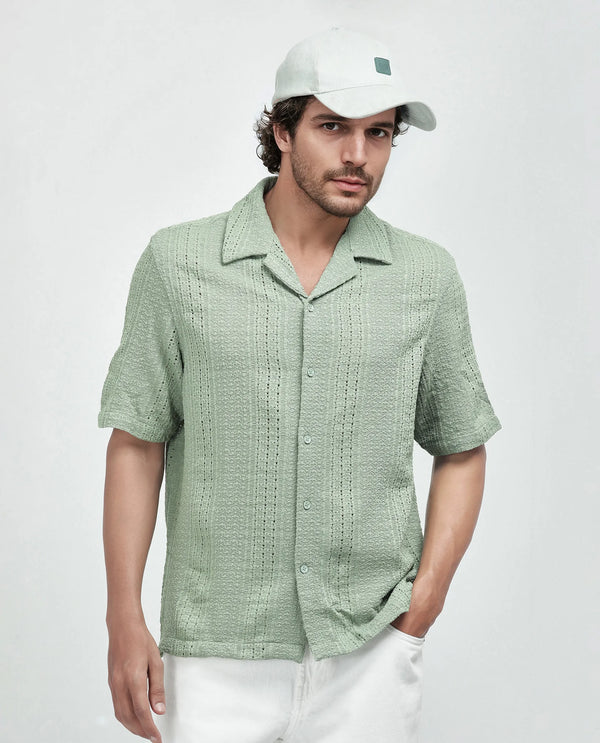 Rare Rabbit Men's Limo Pastel Green Cotton Fabric Short Sleeve Cuban Collar Button Closure Embroidered Shirt