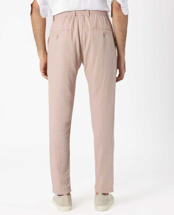 Rare Rabbit Men's Linac Dusky Pink Solid Drawstring With Elastic Waistband Regular Fit Linen Trouser