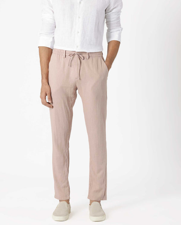 Rare Rabbit Men's Linac Dusky Pink Solid Drawstring With Elastic Waistband Regular Fit Linen Trouser