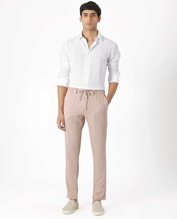 Rare Rabbit Men's Linac Dusky Pink Solid Drawstring With Elastic Waistband Regular Fit Linen Trouser